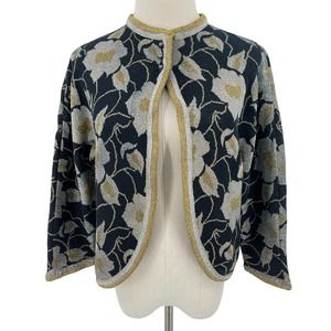 Vintage 60s Black Metallic Floral Cardigan Sweater Gold Knits by Thayer Size 12